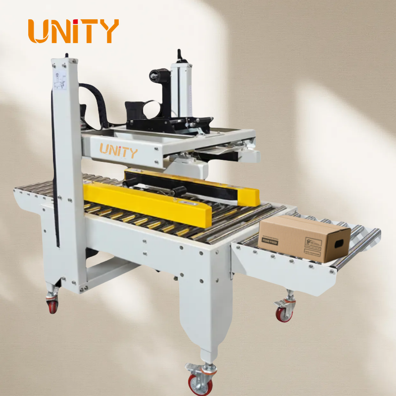 Unity Halbautomatische Kartonaufrichtmaschine, Faltschlie&szlig;- und Klebebandverschlie&szlig;maschine